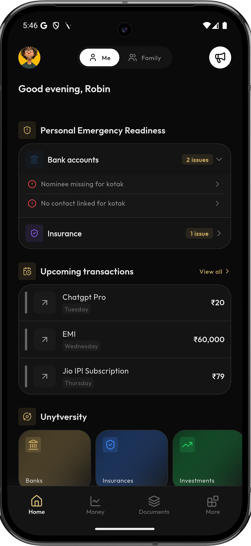 Unyt app showing a family finance overview