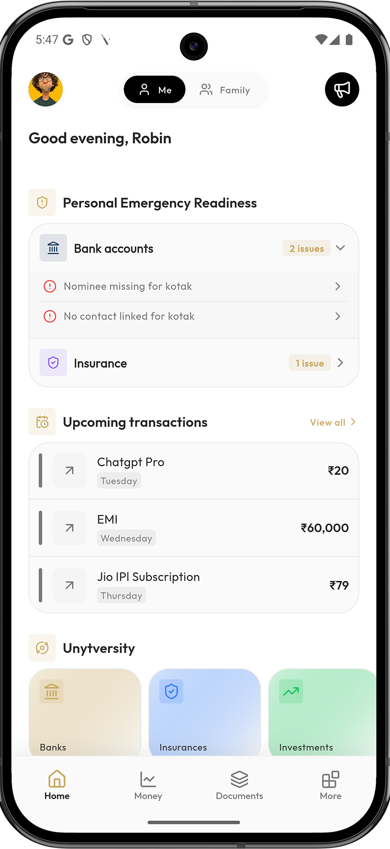 Unyt app showing a family finance overview